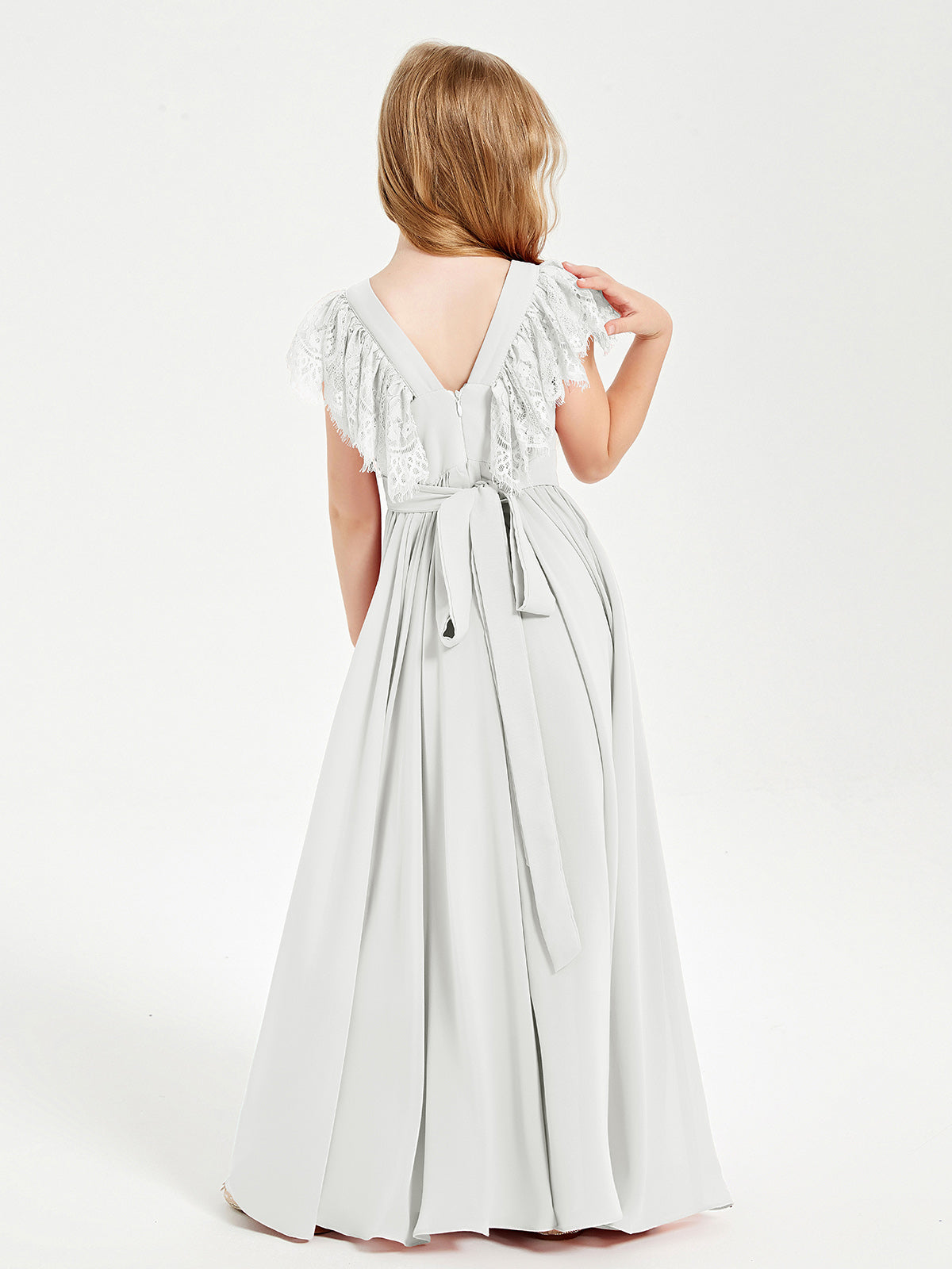 Chiffon Junior Bridesmaid Dresses with Lace Flutter Sleeves Ivory